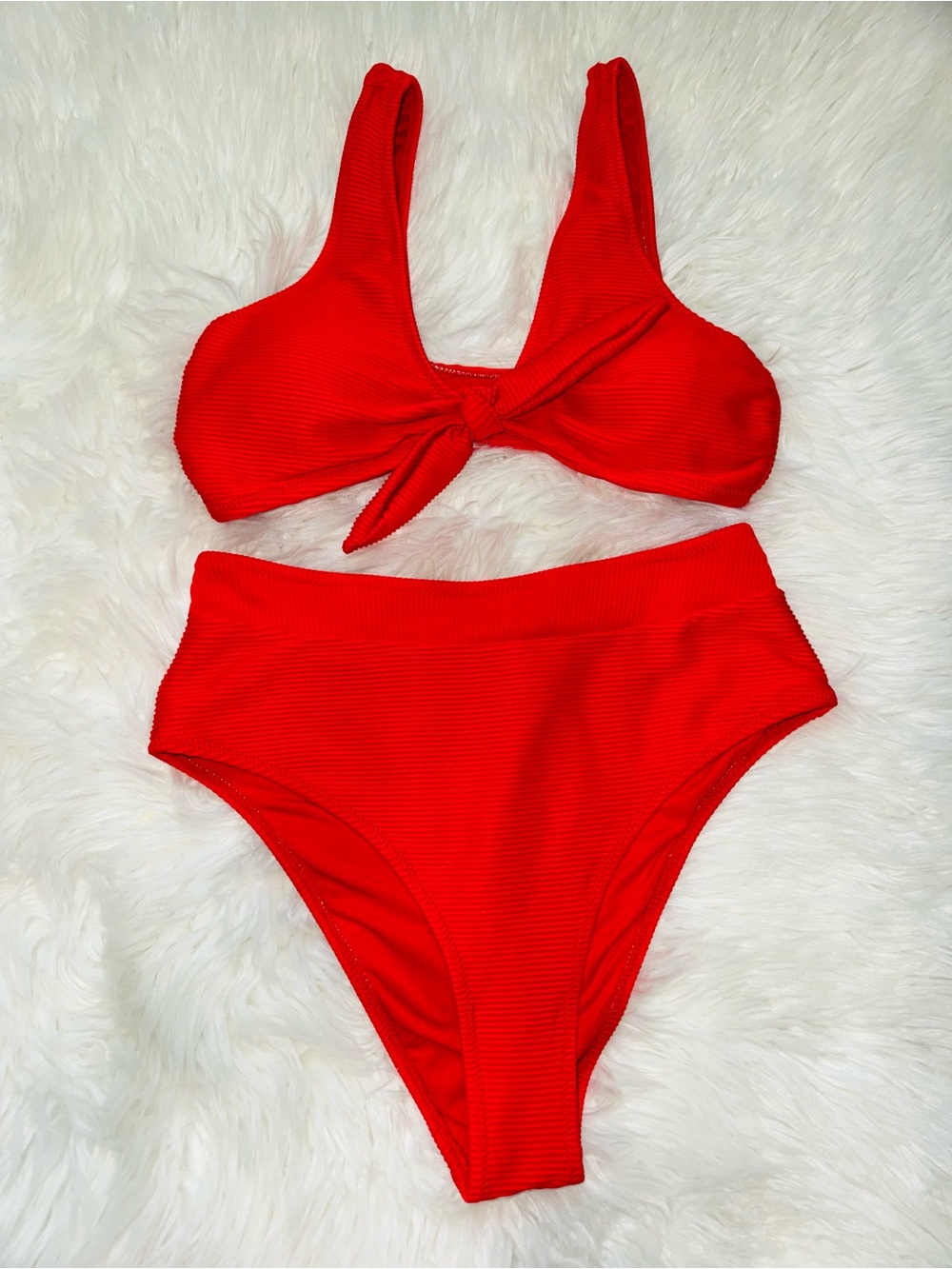 Red Knot Front Ribbed High-Waist Bikini Set - Picture 4 of 9